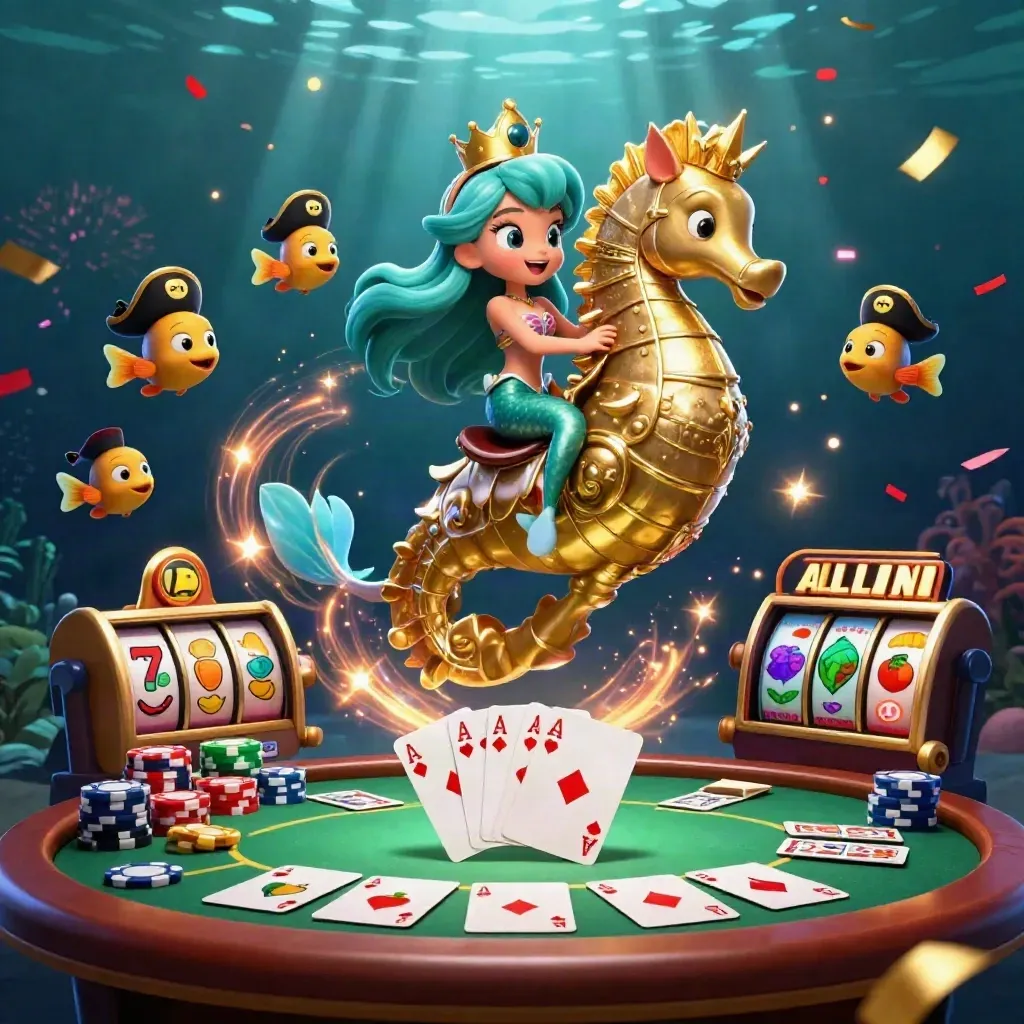 Mermaid princess on armored seahorse with pirate fish amid casino cards and glowing underwater effects.