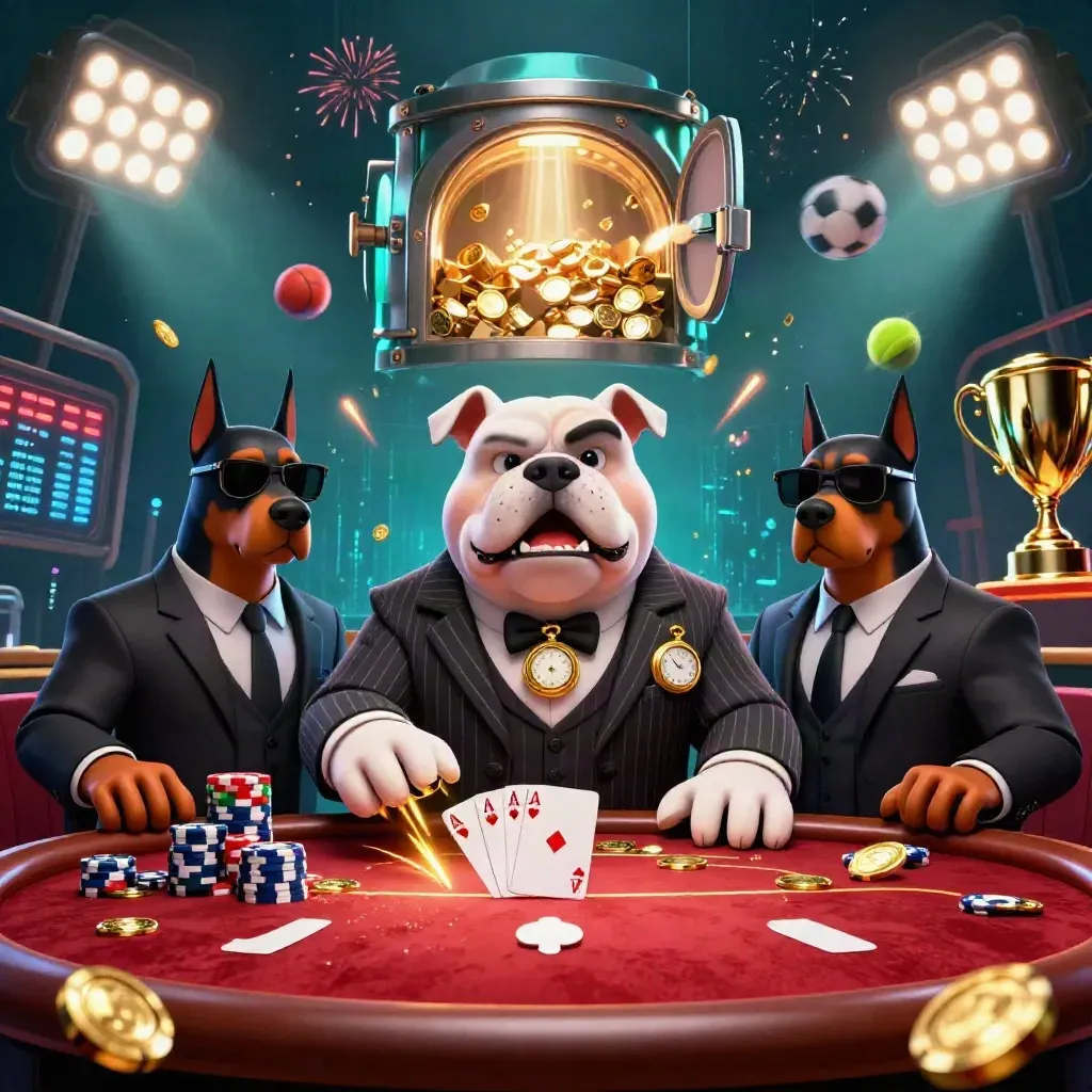 Bulldog mob boss and Doberman guards amid poker chips, coins, trophy, balls, and fireworks