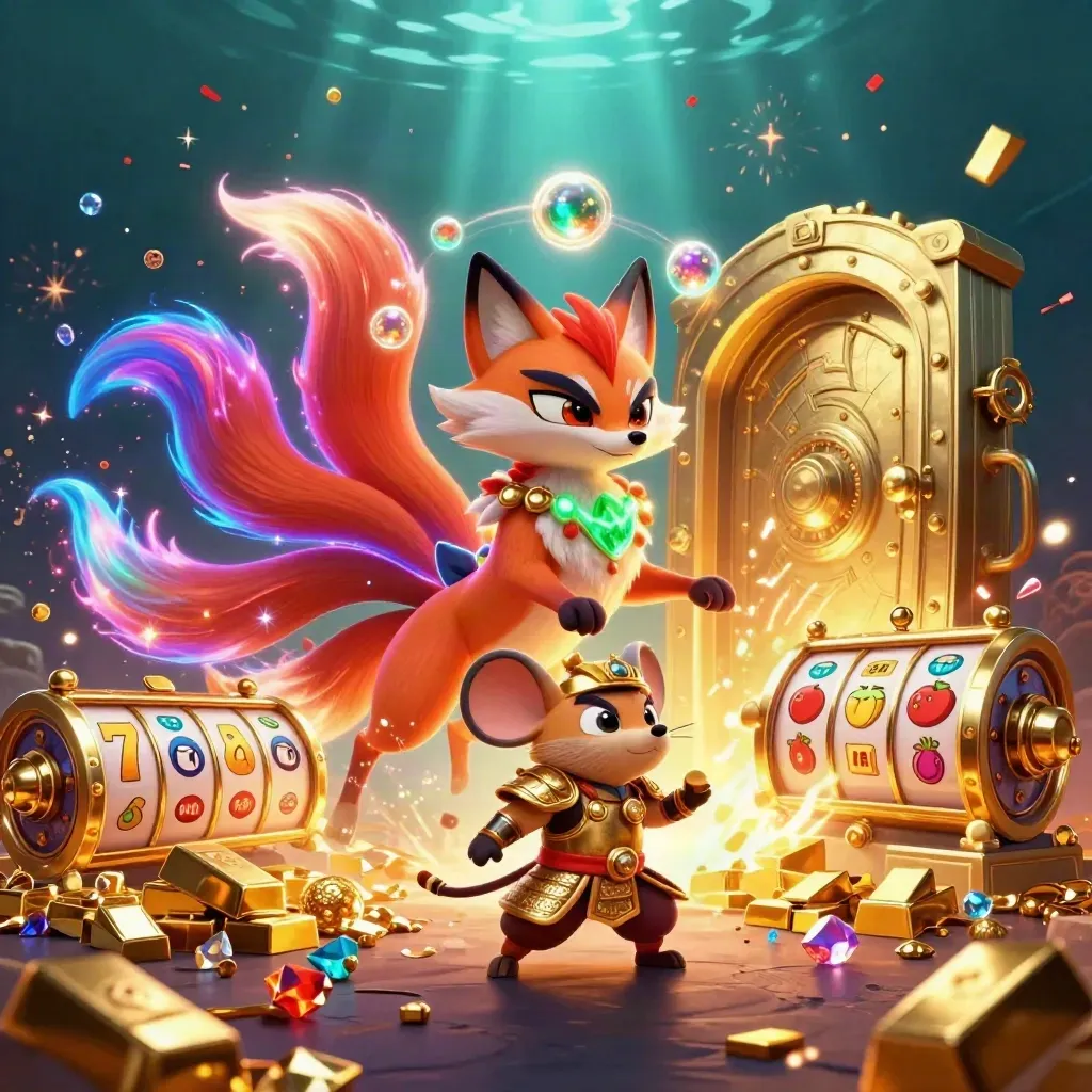 Nine-tailed fox spirit and samurai mouse amid gold vault loot, reels, sparkles, and underwater glow.