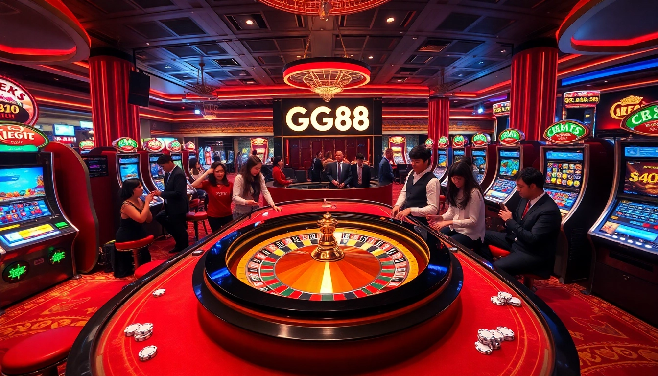 Experience the excitement of gambling at GG88 with a vibrant casino scene showcasing a roulette table and slot machines.