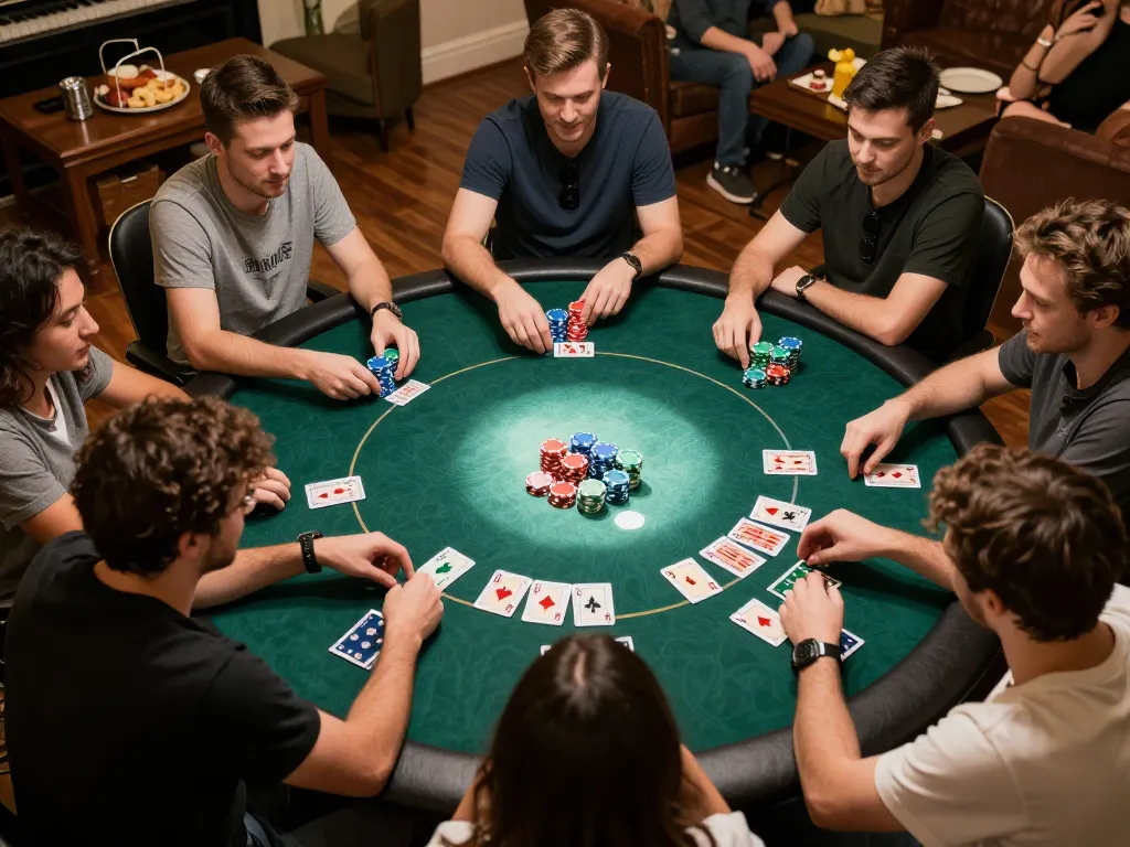 Players enjoying a thrilling poker game at home while discussing strategies using 888 VI techniques.
