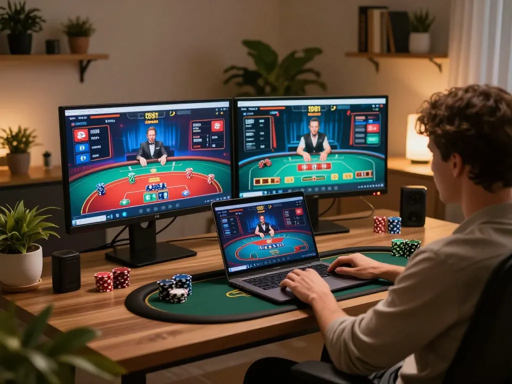 Engaged player enjoying poker on laptop at home, highlighting 388bet online gaming environment.
