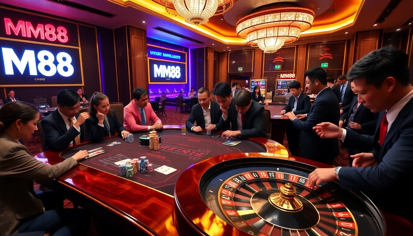 Engaging players at the MM88 poker table, showcasing chips, cards, and casino excitement.
