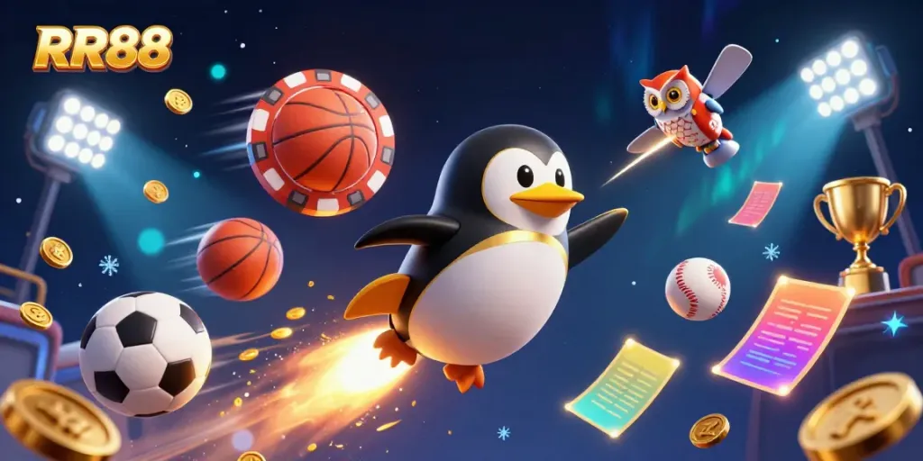 Experience the thrill of RR88 entertainment with a dynamic 3D illustration of a golden penguin racing towards a casino station.