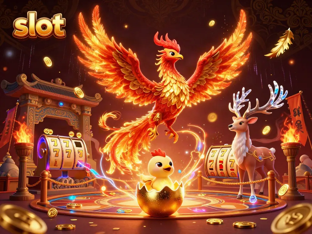 Experience the thrill of slots with a fiery phoenix, gold coins, and jackpot excitement.