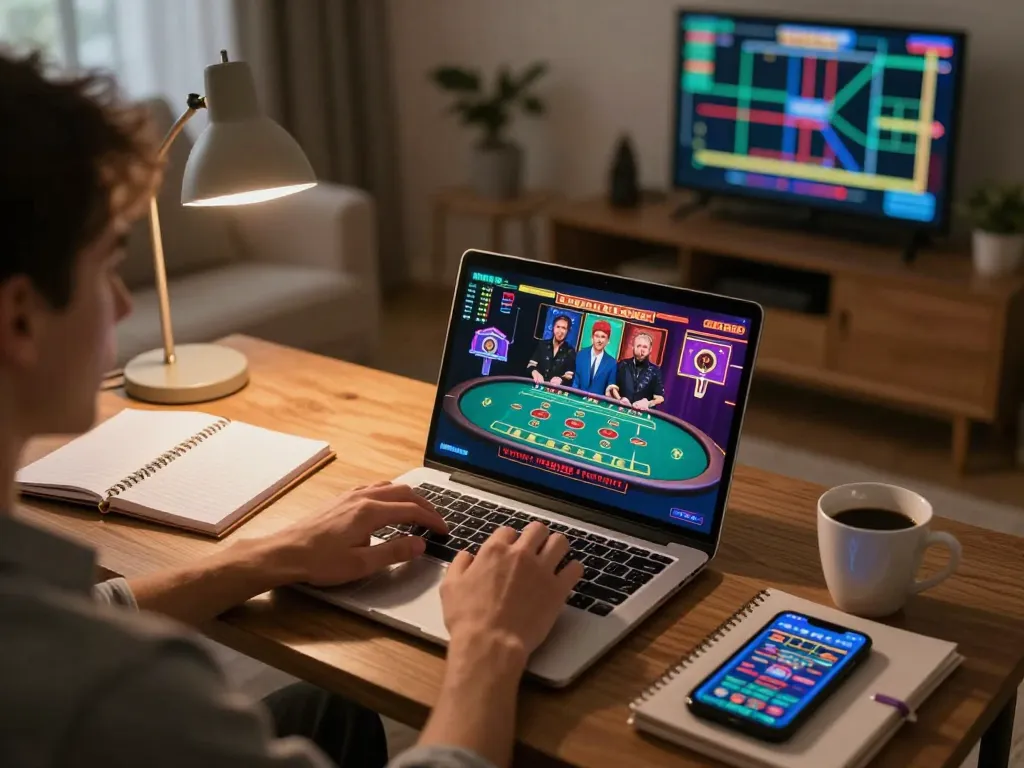 Gambling enthusiast engaging in live casino gaming on a laptop with lc88 in a cozy home environment.