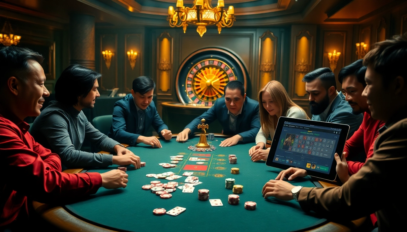 Gamblers enjoying a luxurious poker game at New88 casino, surrounded by vibrant chips and cards.