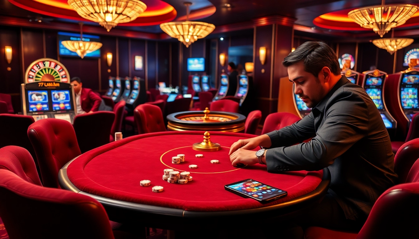 Exciting gaming atmosphere at 789win casino with poker tables, roulette, and slots.