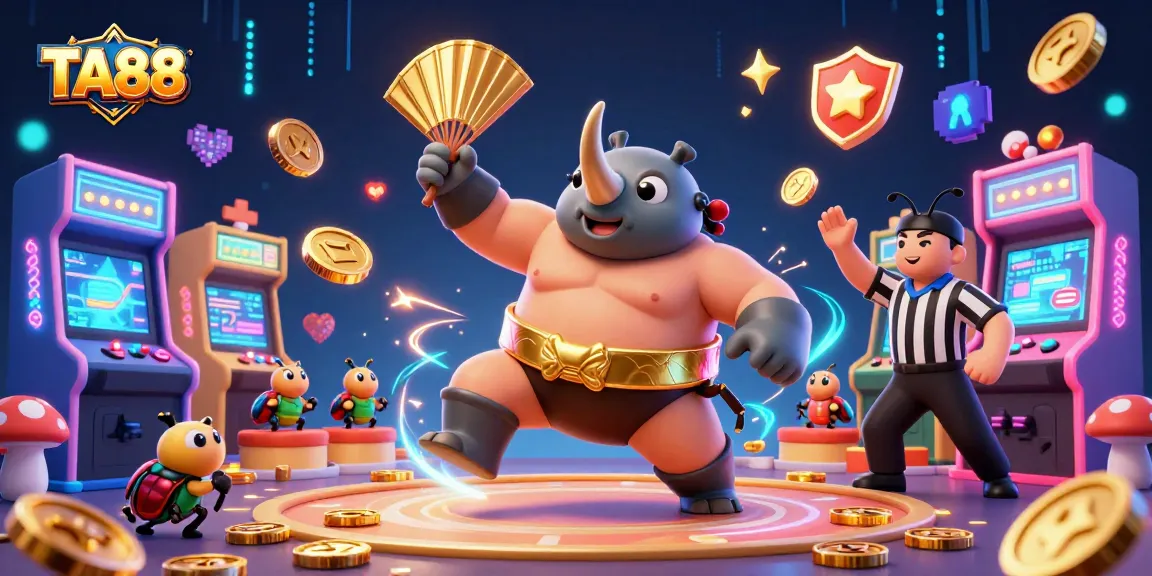 Engage in thrilling gaming action with TA88's vibrant 3D casino illustration featuring dynamic characters and elements.