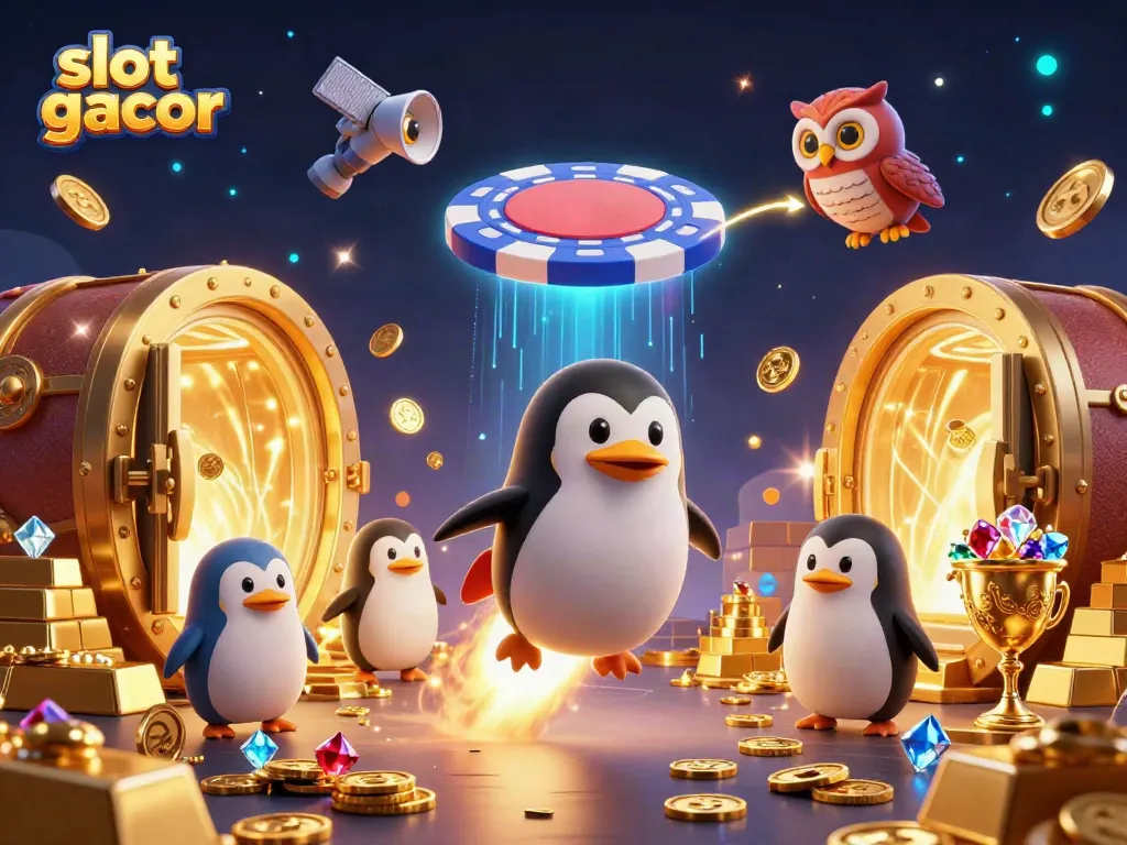 Experience thrilling action in slot gacor with a penguin rocket blasting through a casino-themed space.