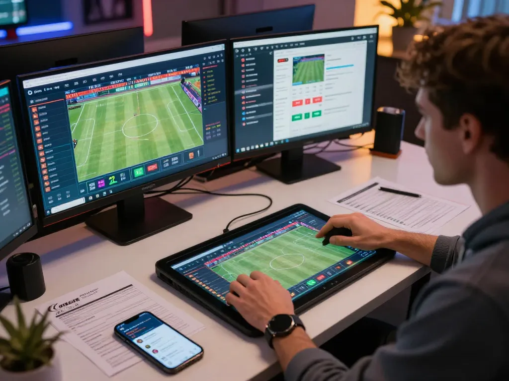 Engaging online sports betting scene with real-time betting details on multiple screens, showcasing strategic insights for 89 aa
