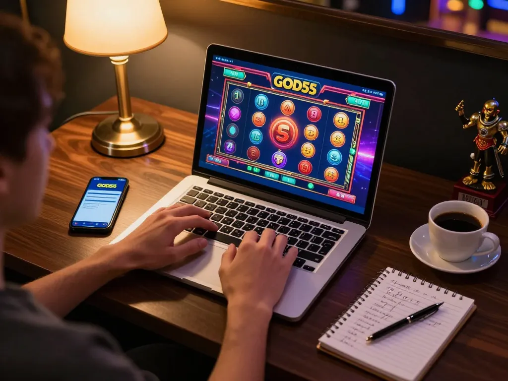 Playing God55 casino games on a laptop in a cozy home office with strategic notes and warm lighting.