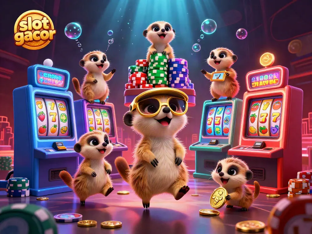 Slot gacor menarik perhatian dengan koloni meerkat bermain slot, menampilkan suasana kasino yang ceria.
