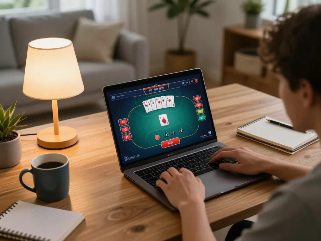 Engaging in online gaming at NK88 with cozy home setup, showcasing poker strategy.