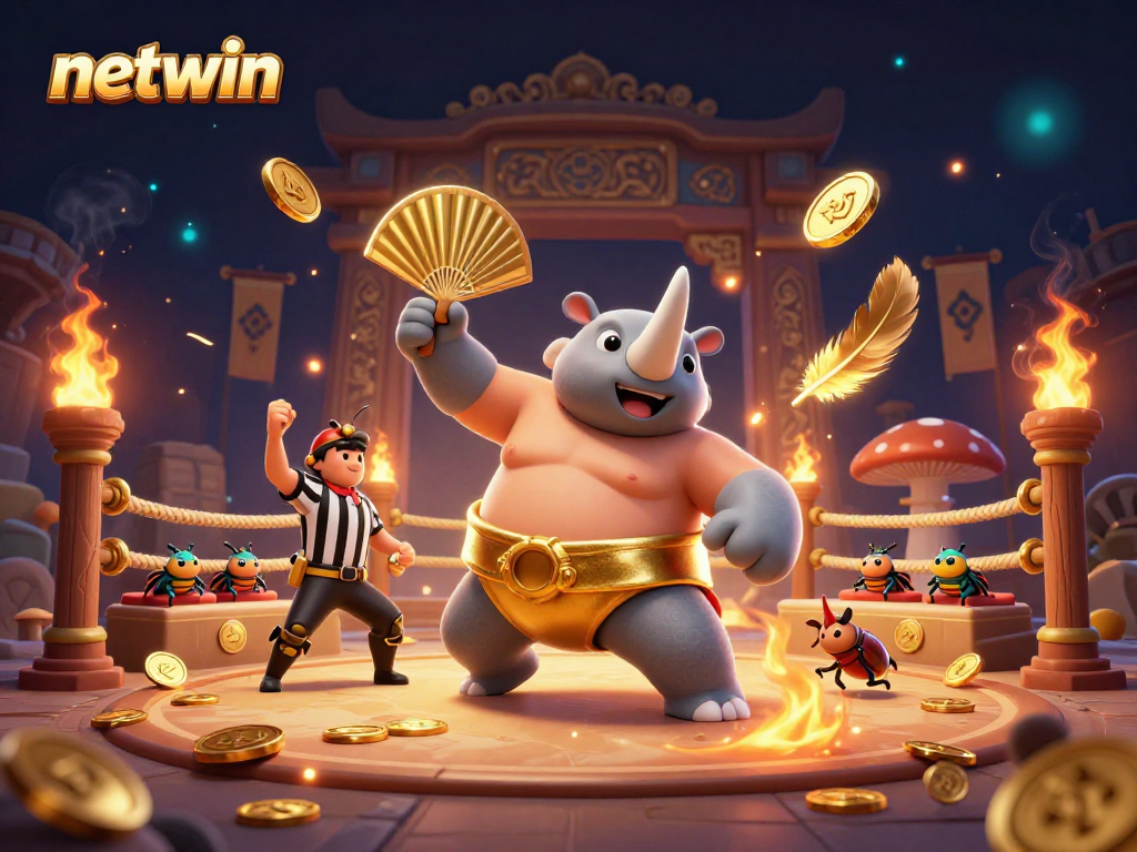 netwin showcases a powerful beetle champion amidst swirling golden coins in an exciting online casino arena