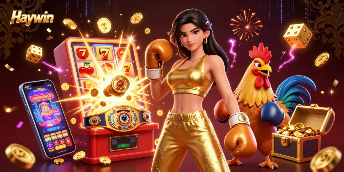 Experience Haywin's exciting jackpot with a dynamic casino scene featuring a champion woman and a rooster.