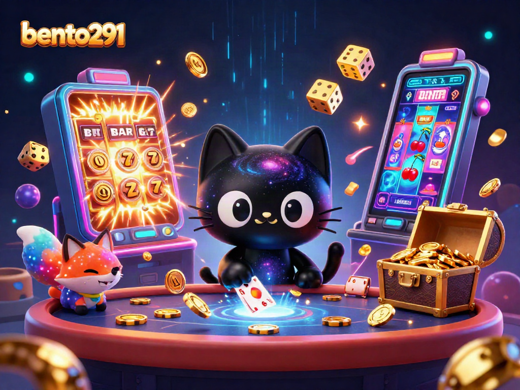 Experience bento291's cosmic casino adventure with animated slots and celestial characters.