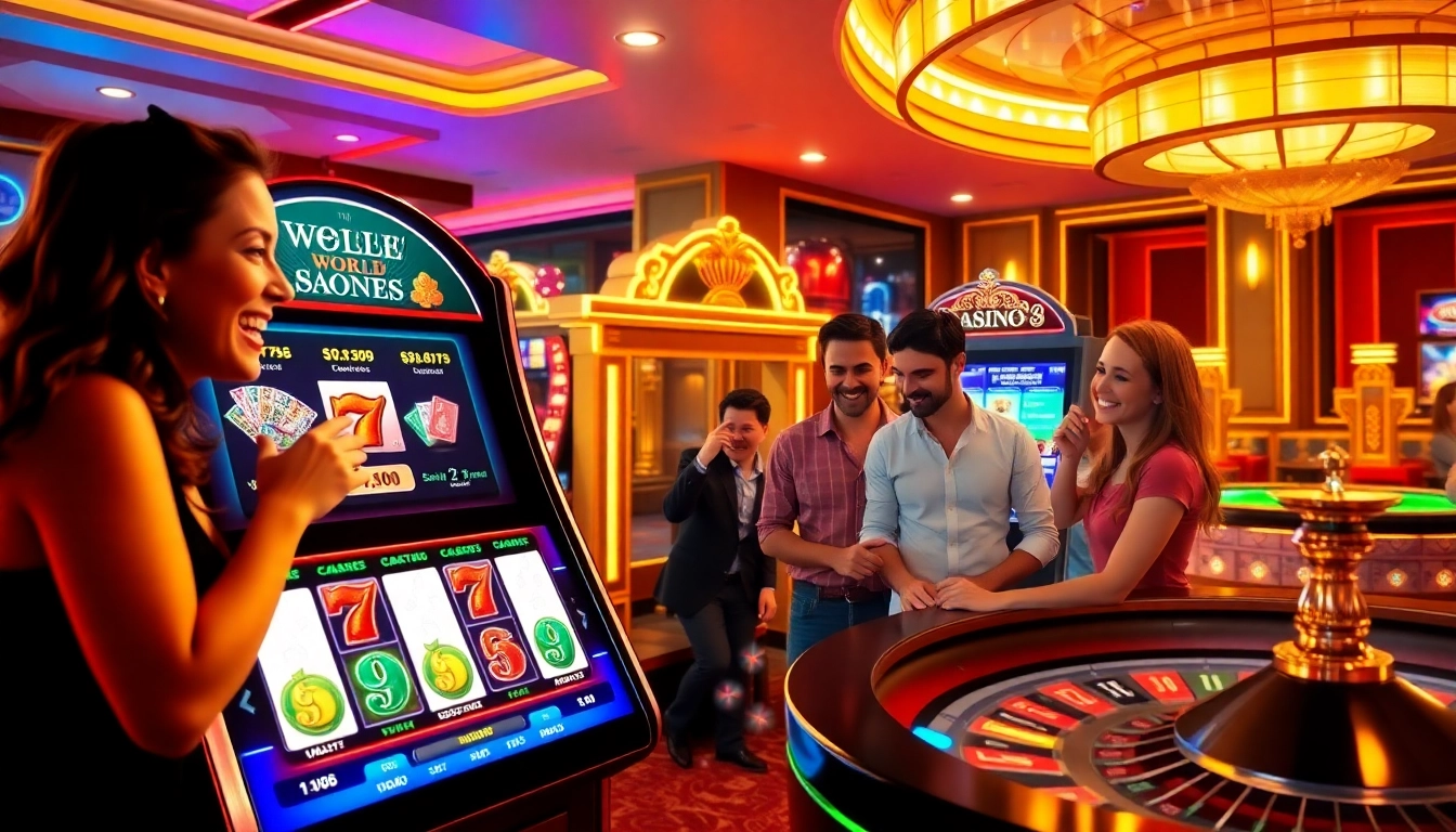 Experience the thrill of playing at https://7hh.games/ with vibrant slot machines and excited players.
