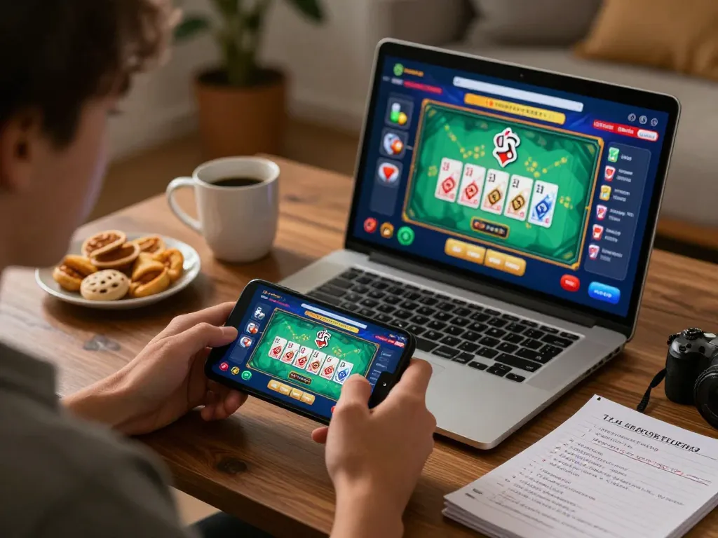 Engaged player using the say88 app for online gaming with vibrant card visuals and cozy home setup.