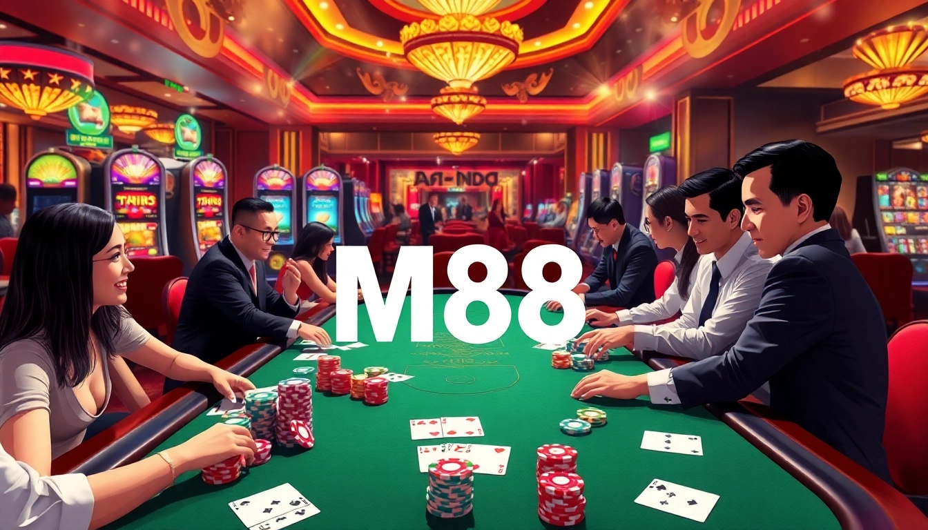 M88 players passionately place bets at a vibrant casino table with professional dealers.