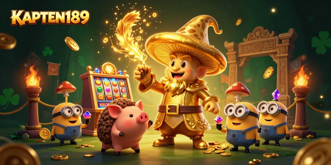 KAPTEN189 menampilkan ilustrasi 3D kartun dengan karakter penyihir jamur emas dan elemen mesin slot, penuh daya tarik.
