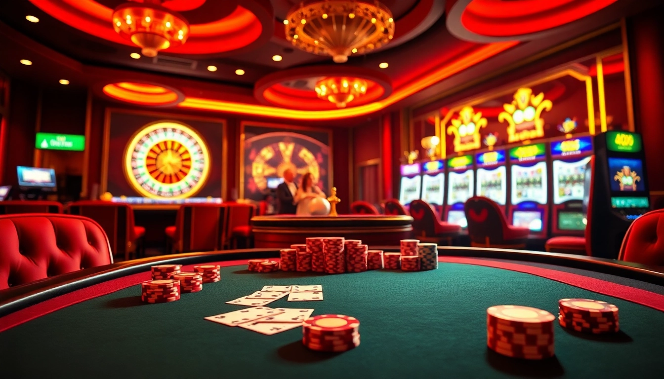 Experience the thrill of xin88 with vibrant casino tables, poker chips, and roulette wheels in a luxurious setting.