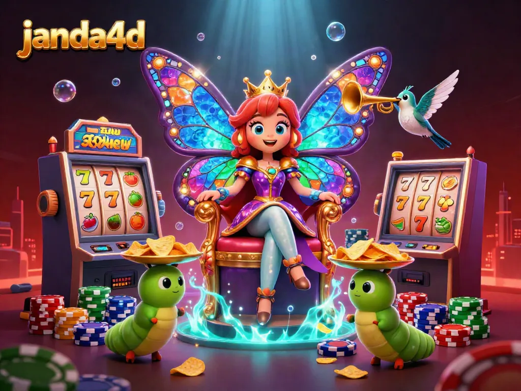 JANDA4D menghadirkan ratu kupu-kupu dengan sayap kaca berwarna di tengah slot online dengan simbol buah dan jackpot.