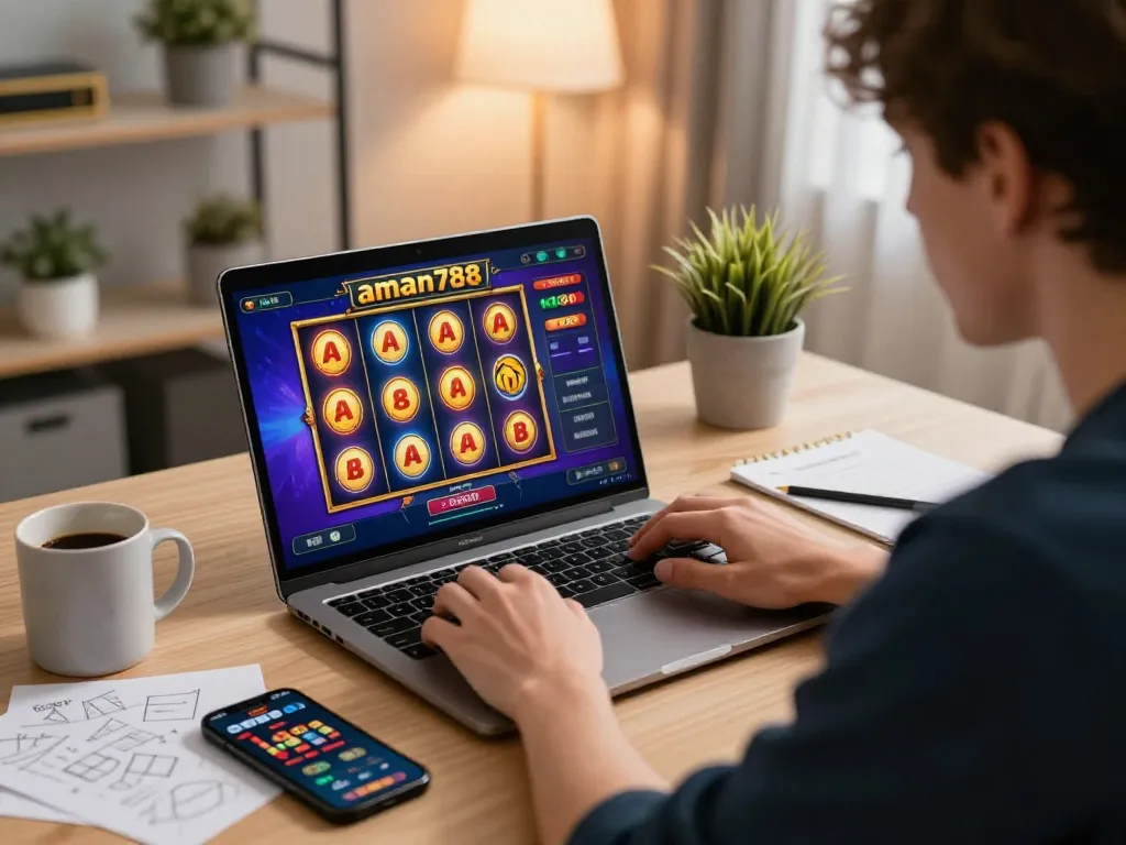 Seorang pemain menikmati slot online aman788 di rumah, sepenuhnya terbenam dalam sesi permainan yang menarik.