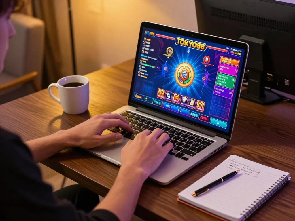 Pengguna TOKYO88 menikmati permainan slot di laptop, menampilkan lingkungan perjudian strategis.