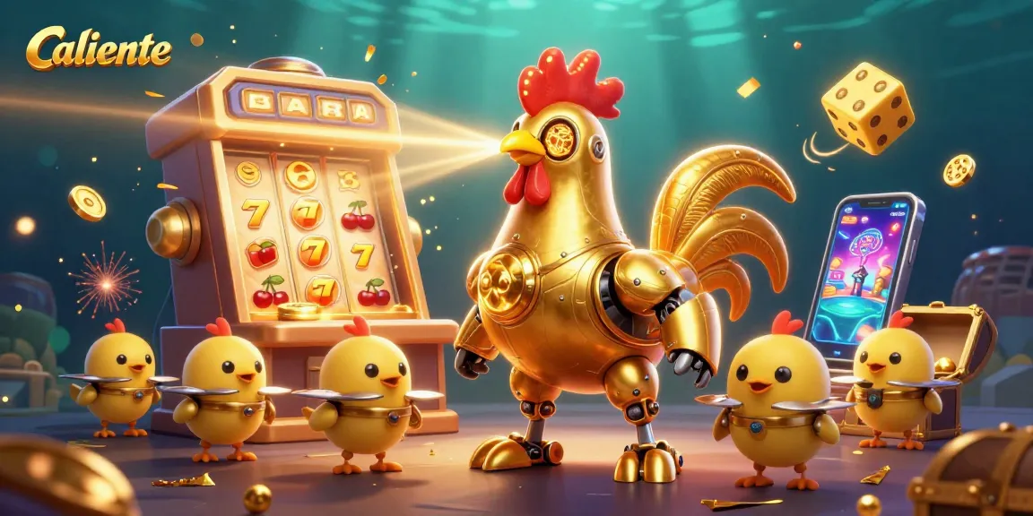Caliente offers a vibrant casino experience with golden rooster robot and jackpot excitement.