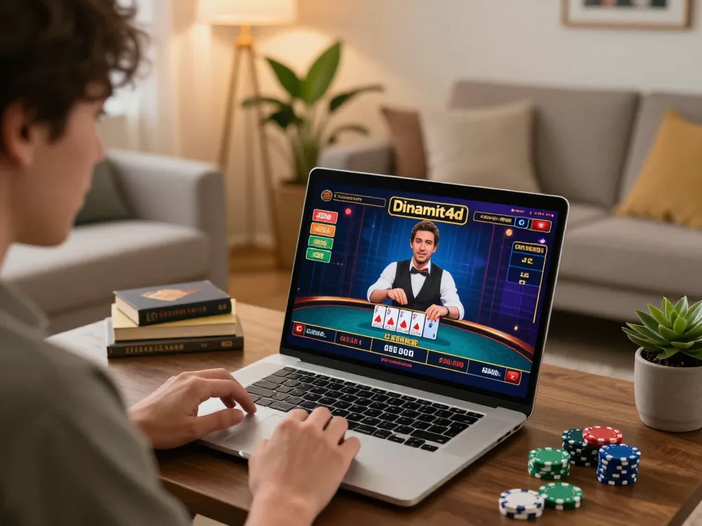 Engaging in an online live dealer game at dinamit4d casino interface in a cozy home setting