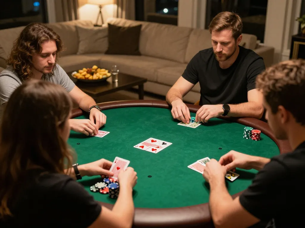 Players enjoying an engaging poker game at home using fly88 for an exciting night.