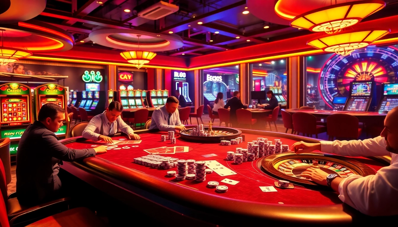 Action-packed RR 88 casino scene showcasing players at tables and vibrant slot machines.