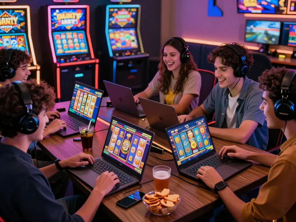 Exciting group playing situs slot gacor with friends at a modern gaming setup, showcasing vibrant slot graphics.