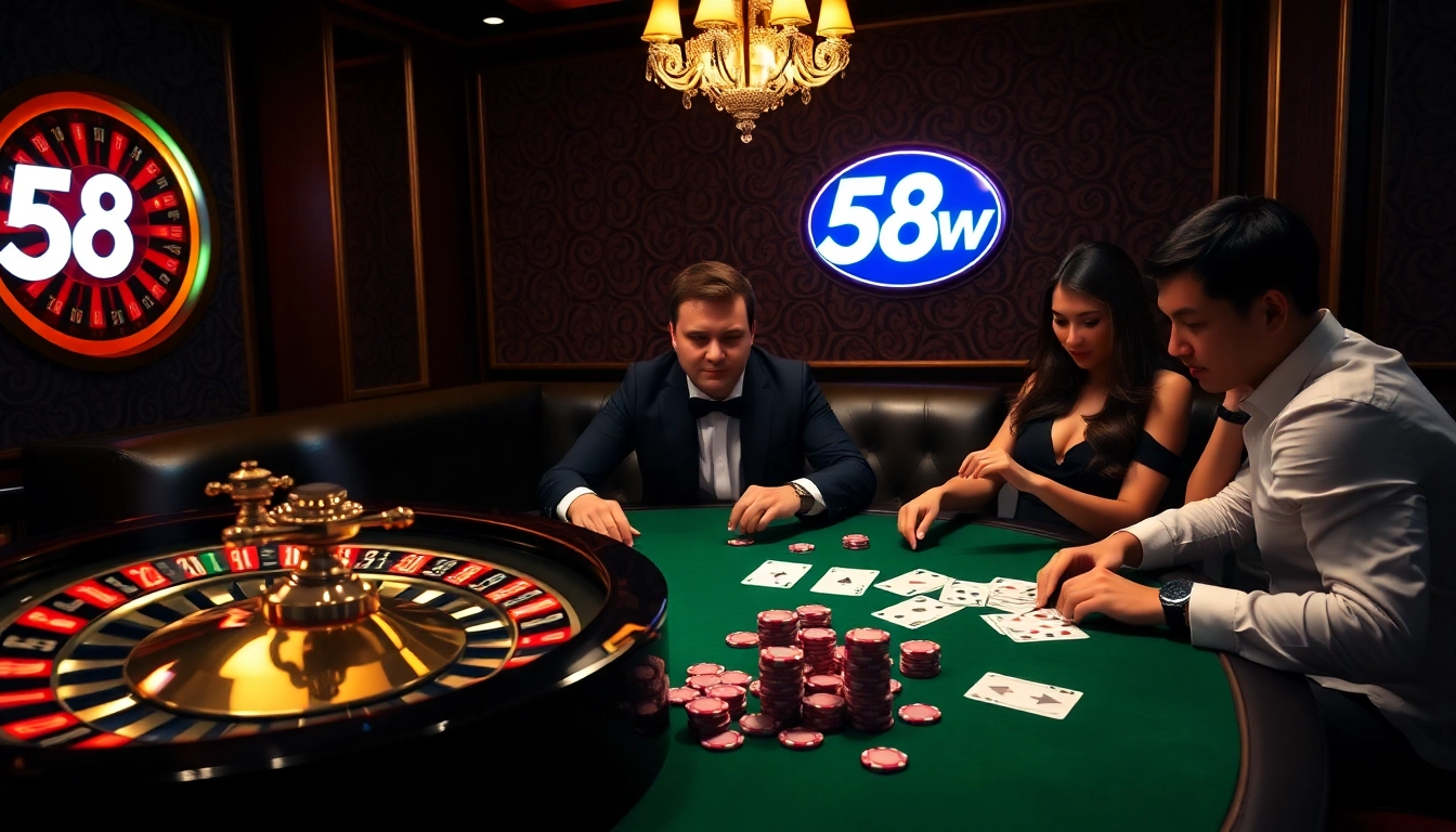 Players enjoying a high-stakes game at 58win casino table, showcasing excitement and luxury.