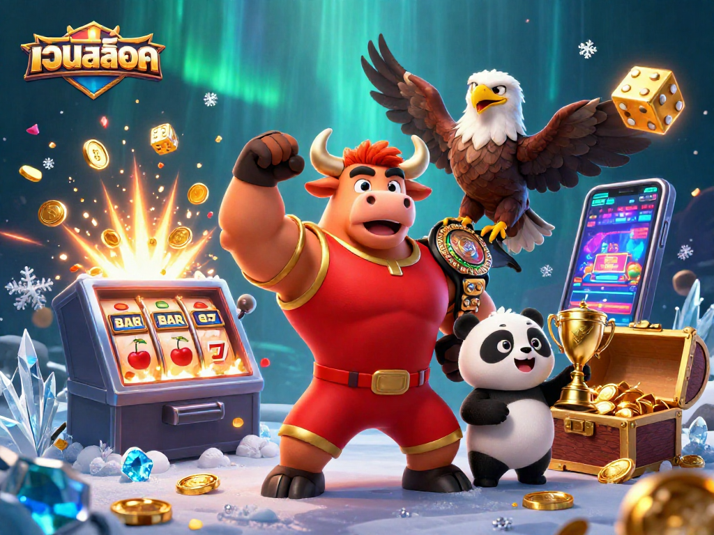 Experience thrilling jackpots with เว็บสล็อต as a muscular bull, eagle, and panda celebrate.