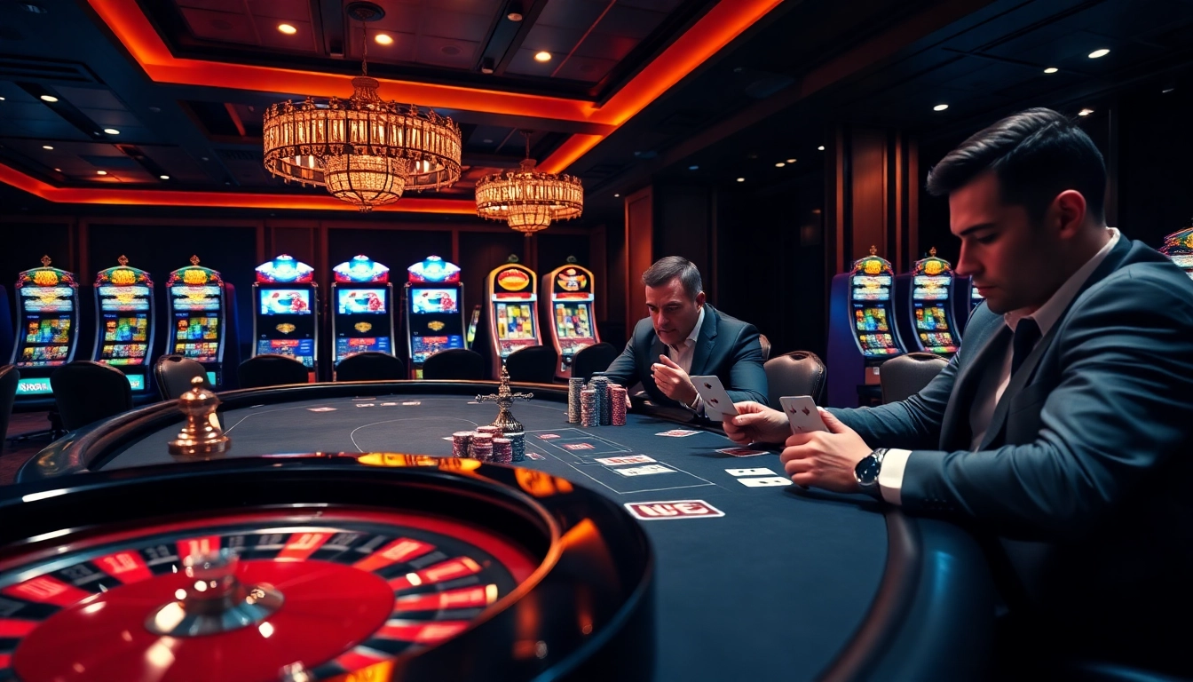 Experience the vibrant action at go88 with players at a stylish poker table in a luxurious casino.