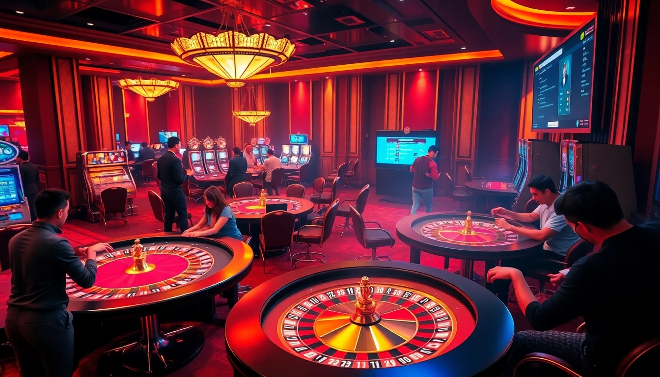 Experience the thrill of X88 casino with vibrant gameplay at roulette and poker tables.