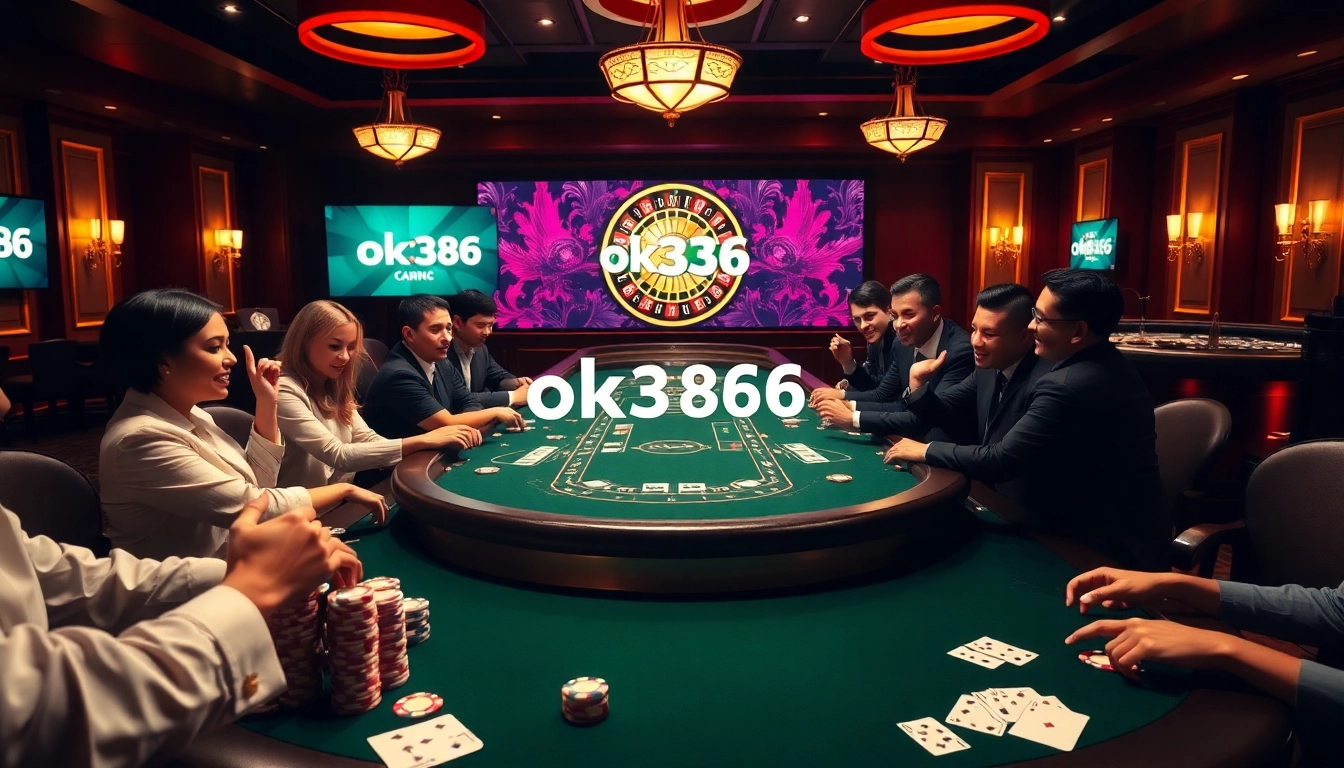 Players enjoying a high-stakes poker game at ok8386, surrounded by vibrant casino elements.
