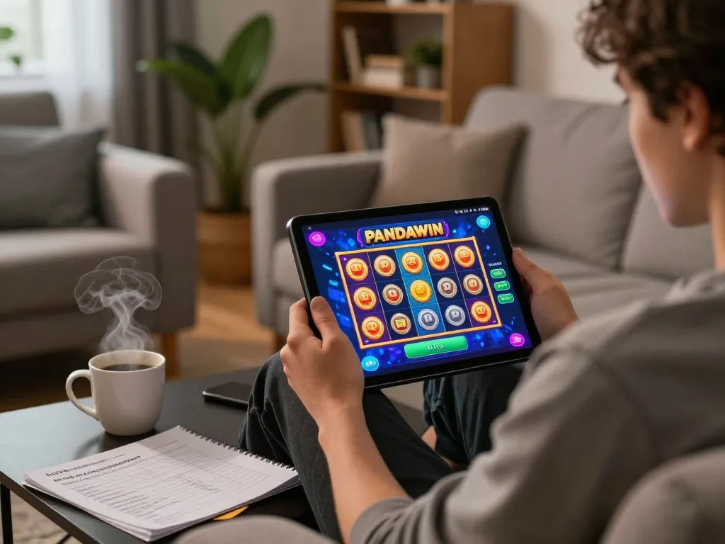 Pemain menikmati slot online PANDAWIN di sofa yang nyaman dengan catatan permainan terlihat.
