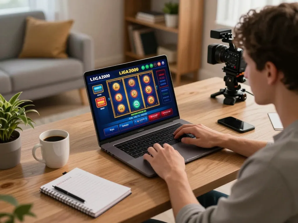 LIGA2000 player enjoying an online slot game in a stylish home office setup with dynamic visuals and cozy atmosphere.