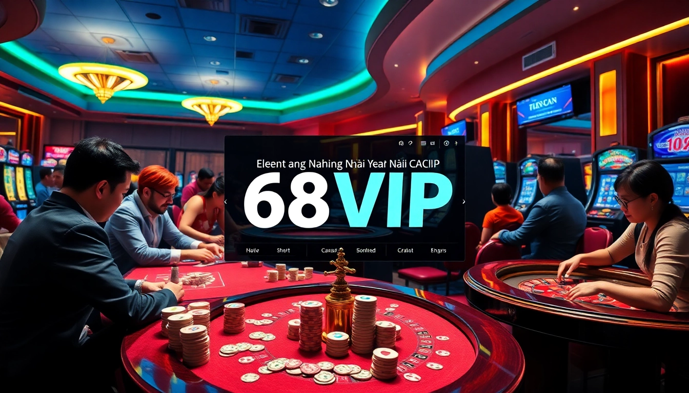 Engage with Đăng Nhập Nhà Cái 68VIP in a vibrant online casino scene, showcasing diverse players, luxurious tables, and thrilling games.