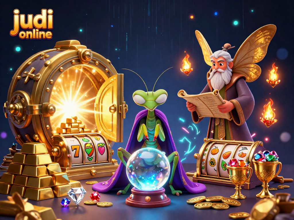 Engage with judi online through vibrant slot reels and dynamic characters in an immersive casino illustration.