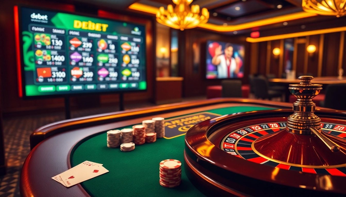 Experience the excitement of DEBET with a vibrant online casino scene featuring poker and roulette.