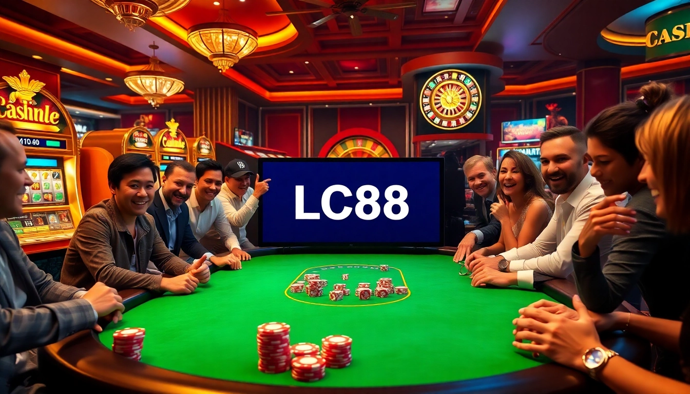 Experience high-stakes play at LC88 with vibrant casino elements like poker chips, a roulette wheel, and slot machines.