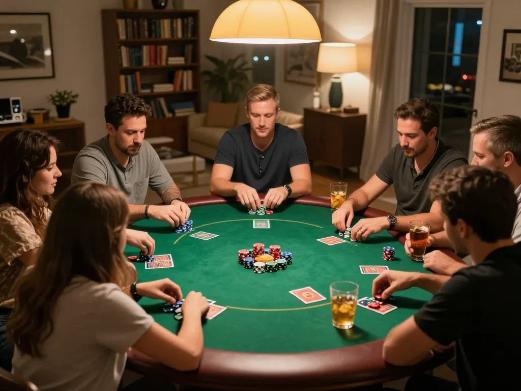Players enjoying a thrilling poker game during a cozy home night, showcasing 68 win strategies