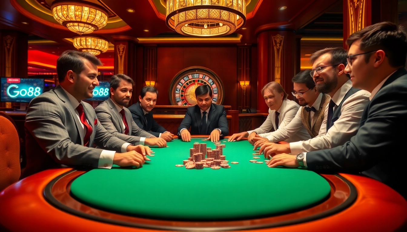 Players enjoying poker at a luxurious casino, showcasing go88 excitement and high-stakes thrills.