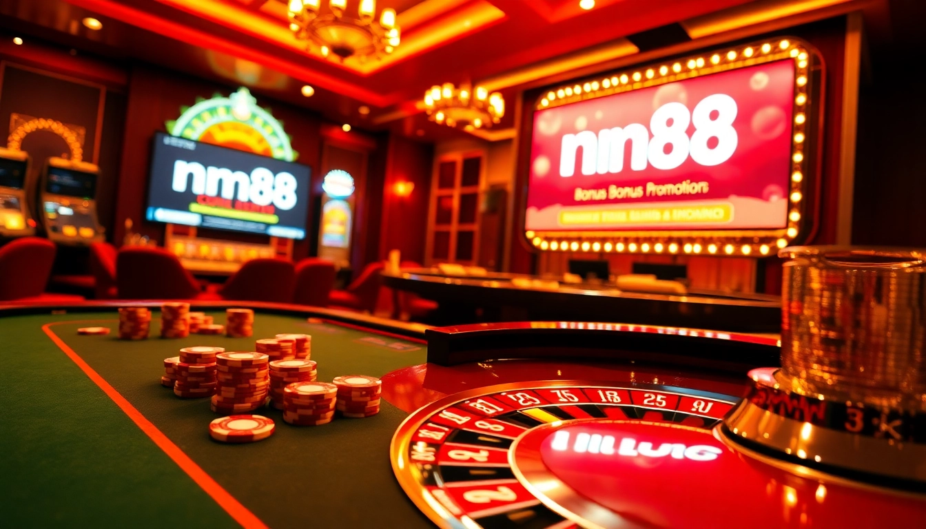 Players enjoying a thrilling game at a casino with the mm88 link displayed prominently, showcasing a vibrant atmosphere.