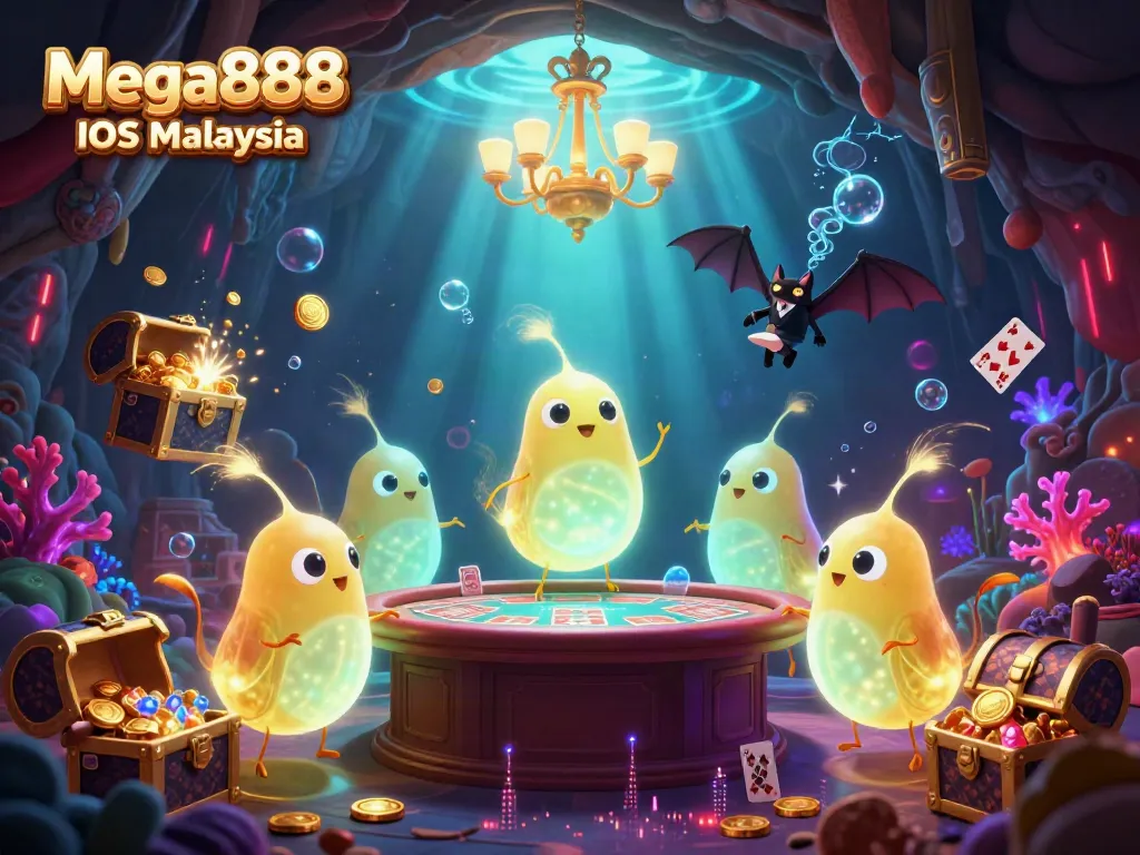 Experience the vibrant Mega888 iOS Malaysia casino scene with glowworms and gold treasures.