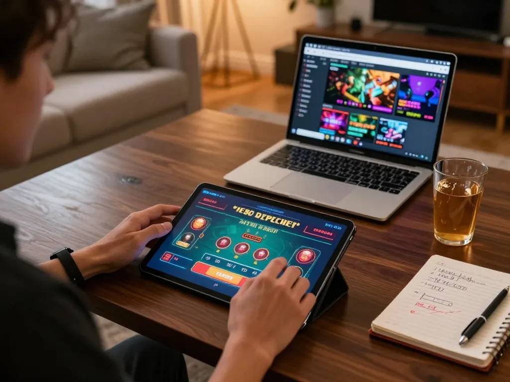 Engaged user playing on QE8 online casino platform in stylish living room setting.